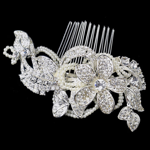 Silver Flower Bridal Wedding Hair Comb with Ivory Pearls & Rhinestones