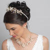 Light Gold Champagne Clear Rhinestone Floral Vine Bridal Wedding Necklace 10003 & Flower Stud Earrings 10003 Jewelry Set
