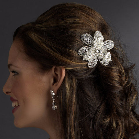 Crystal & Rhinestone Silver Flower Bridal Wedding Hair Clip 8355