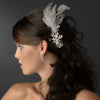* Vintage Silver Clear Crystal Bridal Wedding Hair Comb w/ White Feathers 9824