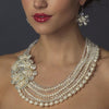 Silver Ivory Pearl & Austrian Crystal Flower Necklace 8769 & Earrings 8253 Bridal Wedding Jewelry Set