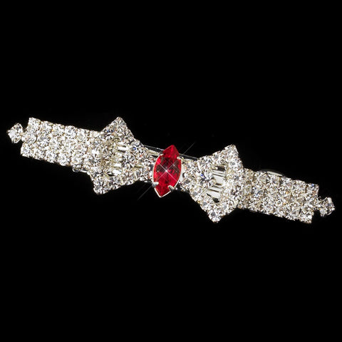 Silver Clear Red Rhinestone Bow Bridal Wedding Hair Barrette