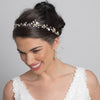 Light Gold Floral Vine Bridal Wedding Headband Organza Ribbon w/ Freshwater Pearls, Rhinestones & Opalescent Beads 1561