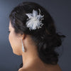 Delightful White Flower Bridal Wedding Hair Comb/Bridal Wedding Hair Clip w/ Soft Feathers & Silver Clear Rhinestones 8269