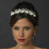Silver Diamond White Flower Bridal Wedding Headband with Rhinestone Accents