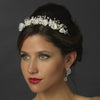 Silver Diamond White Flower Bridal Wedding Headband with Rhinestone Accents