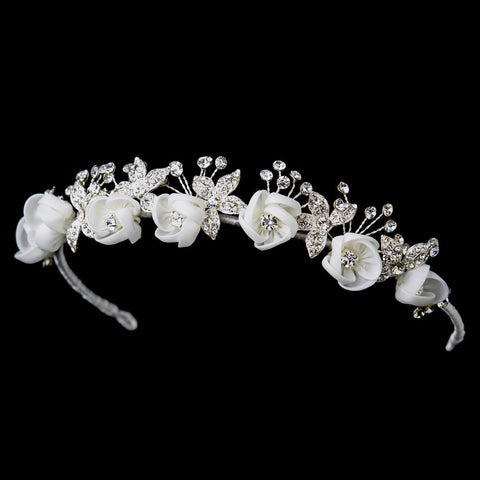 Silver Diamond White Flower Bridal Wedding Headband with Rhinestone Accents