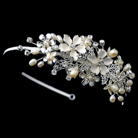 Silver Leaf & Ivory Petal Flower Bridal Wedding Side Headband with Freshwater Pearls & Rhinestones