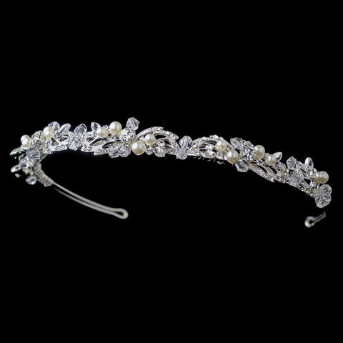 Silver Leaf Bridal Wedding Headband with Pearls, Swarovski Crystal Beads & Rhinestones