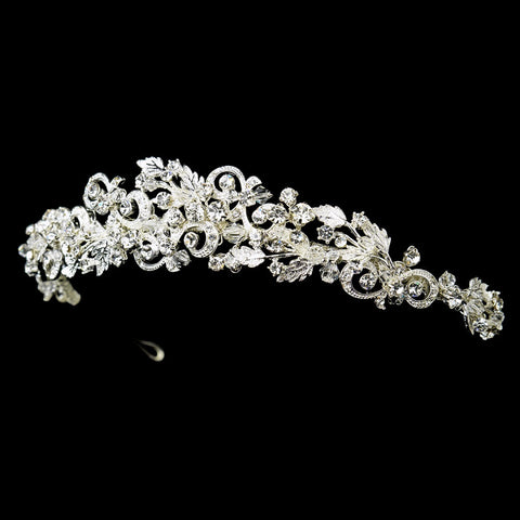 Silver Swirl Princess Leaf Bridal Wedding Tiara Headpiece with Rhinestones & Swarovski Crystal Beads