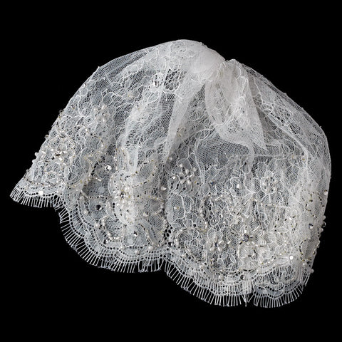 Floral Tulle Lace Headpiece Dome Hat with Beaded Rhinestone & Pearl Accents