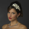 Silver Diamond White Floral Fabric Lace Bridal Wedding Side Headband with Rhinestones & Pearls