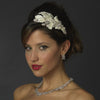 Silver Diamond White Floral Fabric Lace Bridal Wedding Side Headband with Rhinestones & Pearls