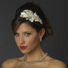 Silver Diamond White Floral Fabric Lace Bridal Wedding Side Headband with Rhinestones & Pearls