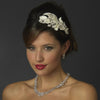 Silver Diamond White Floral Fabric Lace Bridal Wedding Side Headband with Rhinestones & Pearls