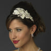 Silver Diamond White Floral Fabric Lace Bridal Wedding Side Headband with Rhinestones & Pearls