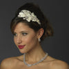Silver Diamond White Floral Fabric Lace Bridal Wedding Side Headband with Rhinestones & Pearls
