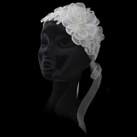Ivory Lace Organza Flower Bridal Wedding Headband/Belt Belt with Rhinestone & Pearl Accents