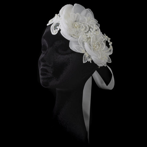Ivory Lace Organza Flower Bridal Wedding Headband/Belt Belt with Rhinestone & Pearl Accents
