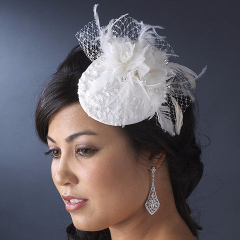 * Embroidered Feather Flower Bridal Wedding Hat Hair Comb with Russian Tulle Accent in White or Ivory 3027