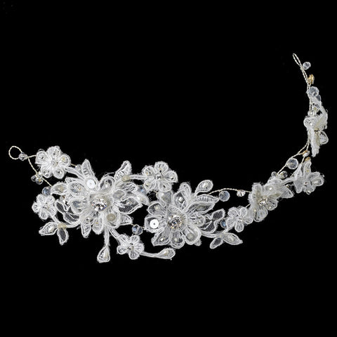 White Lace Floral Vine Bridal Wedding Hair Adornment with Rhinestones Sequins