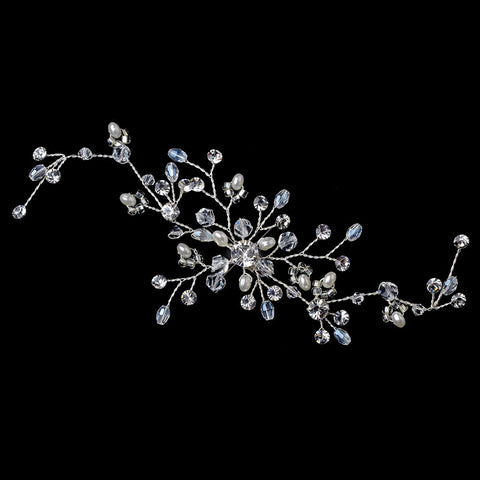Silver Freshwater Pearl, Rhinestone Swarovski Crystal Bead Vine Bridal Wedding Hair Adornment Accent