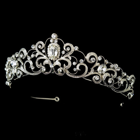 Rhodium Floral Swirl Princess Bridal Wedding Tiara Headpiece with Rhinestones & Gemstones