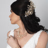 Light Gold Clear Rhinestone & Champagne Pearl Floral Vine Bridal Wedding Jewelry Set 10006