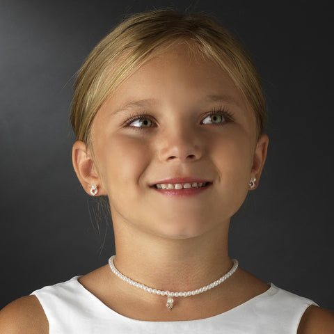 Children's Bridal Wedding Necklace Earring NE 403 Silver White Pearl