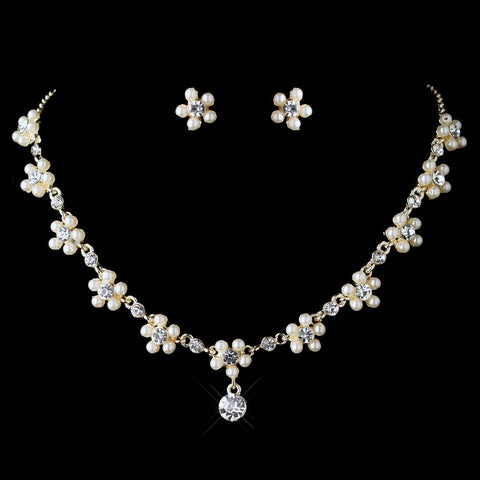 Dainty Gold Ivory Pearl Rhinestone Flower Bridal Wedding Jewelry Set