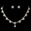 Dainty Gold Ivory Pearl Rhinestone Flower Bridal Wedding Jewelry Set