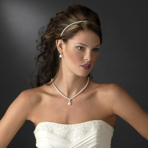 Gorgeous Children's Silver Clear Rhinestone & White Pearl Bridal Wedding Necklace & Earring Set 6564