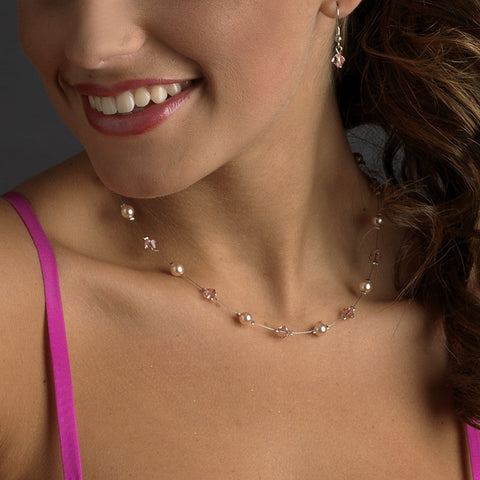 Silver Pink Bridal Wedding Necklace Earring 7220