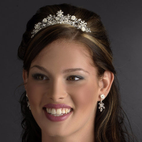 Crystal & Porcelain Floral Bridal Wedding Hair Comb 8431 Silver Ivory