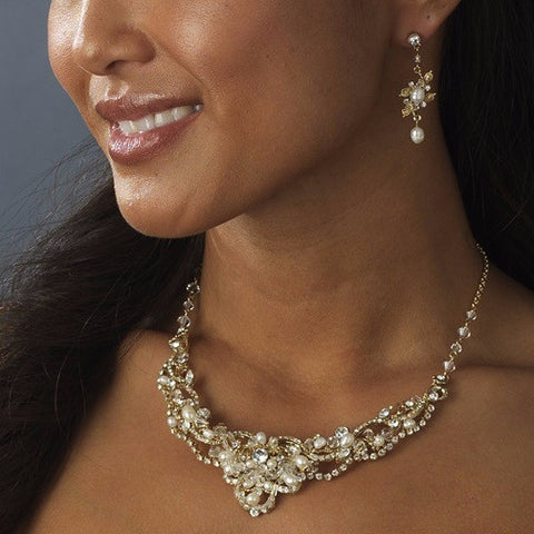 Gold Freshwater Pearl Bridal Wedding Necklace Earring Set NE 7825