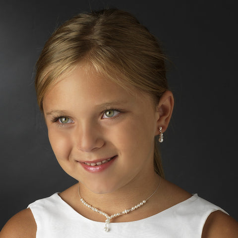 Children's Bridal Wedding Necklace Earring Set 8442 Silver Ivory