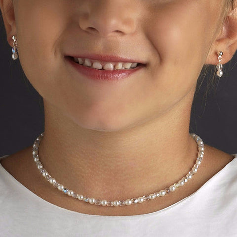 Precious Children's Gold Ivory Pearl & AB Crystal Bead Bridal Wedding Necklace & Earring Set 8443