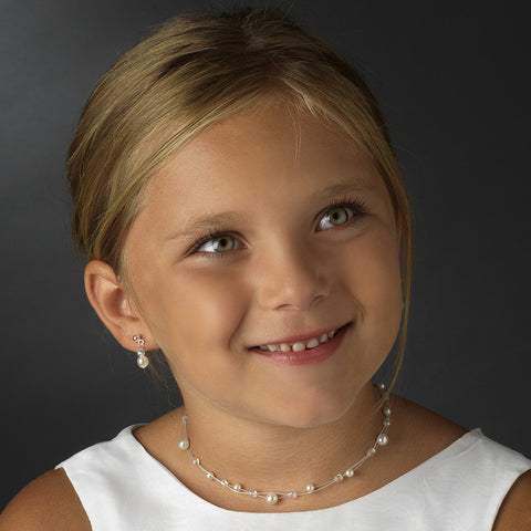 Children's Silver Ivory Pearl & Clear Crystal Bead Bridal Wedding Jewelry Set 8444