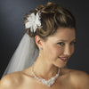 Delightful White Flower Bridal Wedding Hair Comb/Bridal Wedding Hair Clip w/ Soft Feathers & Silver Clear Rhinestones 8269