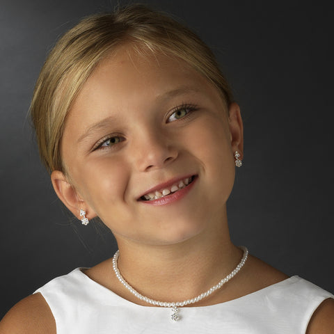 Gold Ivory Child's Rhinestone Flower & Pearl Bridal Wedding Jewelry Set NE 402