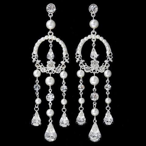Silver Clear Rhinestone Pearl Chandelier Bridal Wedding Earrings