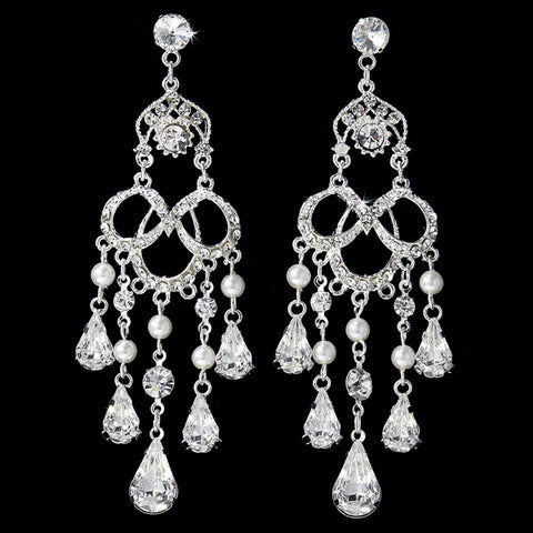 Silver Clear Rhinestone Pearl Chandelier Bridal Wedding Earrings