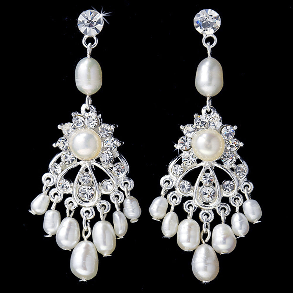 Silver Clear Rhinestone Freshwater Pearl Chandelier Bridal Wedding Earrings