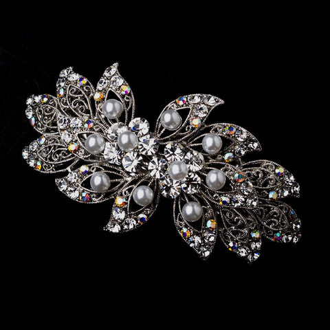Vintage Silver Antique AB & Pearl Bridal Wedding Hair Barrette 52