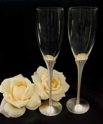 Glass Wedding Toasting Flutes with Matt Silver Crystal Stem FL 21083