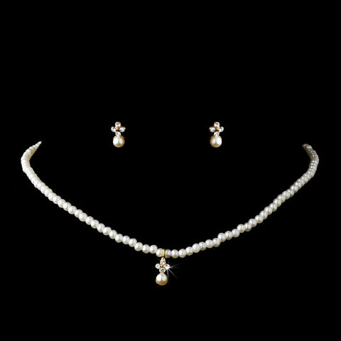 Children's Bridal Wedding Necklace Earring Set C 4814 Gold Ivory