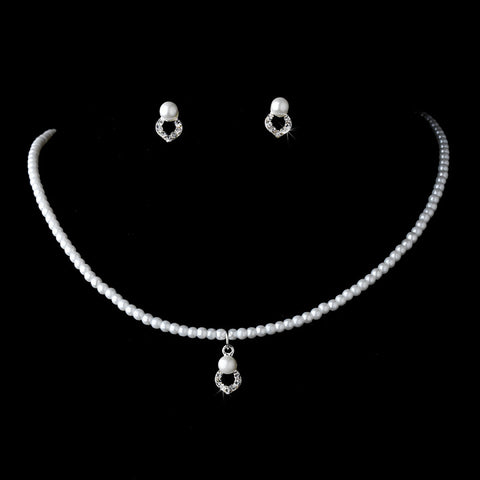 Child's Flower girl Silver White Pearl & Rhinestone Bridal Wedding Necklace Set NE 404