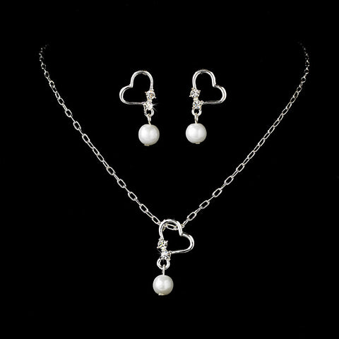 Children's Silver Pearl & Crystal Heart Bridal Wedding Jewelry Set NE C 8377