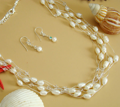 Multi Strand Freshwater Pearl, Swarovski Crystal Necklace & Earring Set N 8250-E 8254