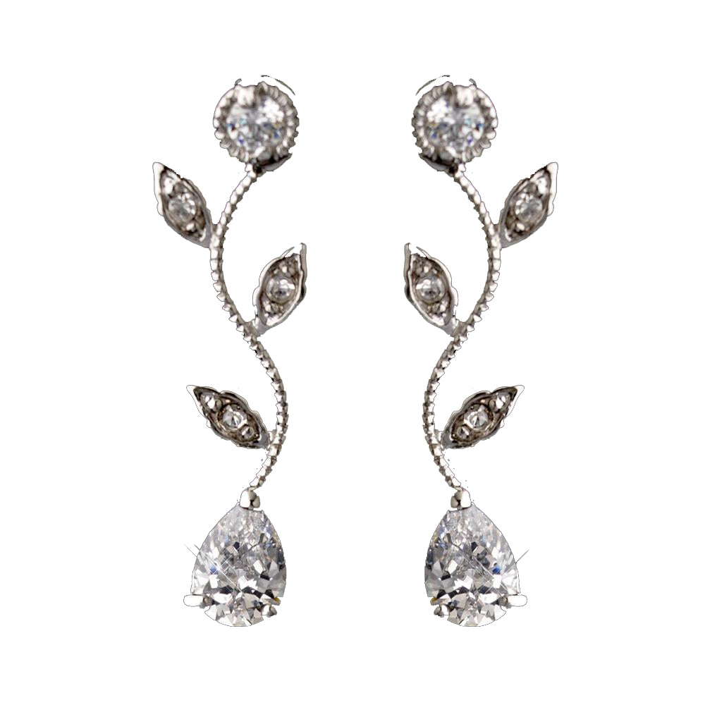 Silver Clear Teardrop CZ Crystal Vine Drop Bridal Wedding Earrings 0116